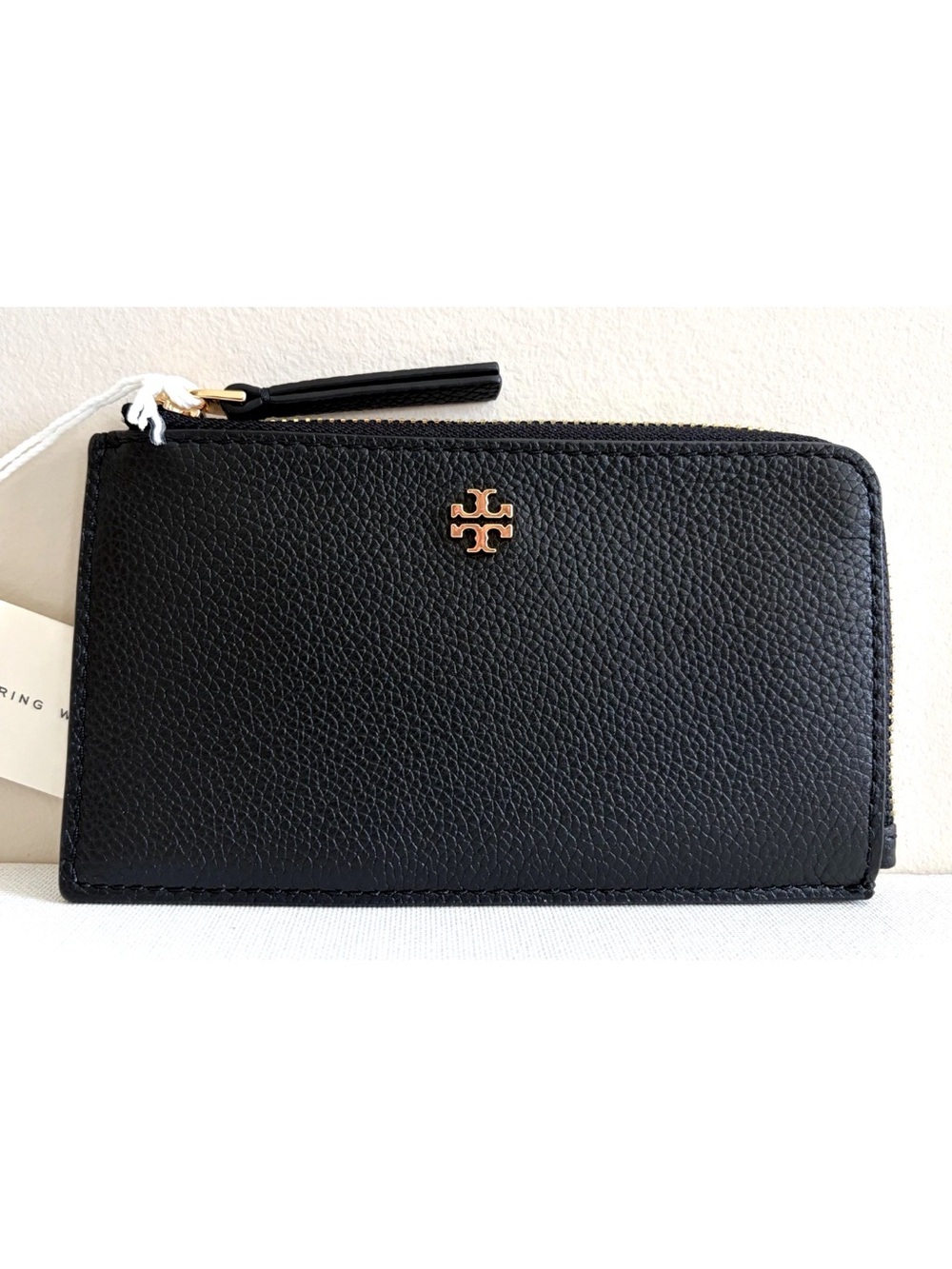 New Tory Burch Blake Zip Card Case Wallet Pebble Leather Black